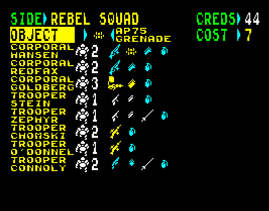 Laser Squad - equipment screen